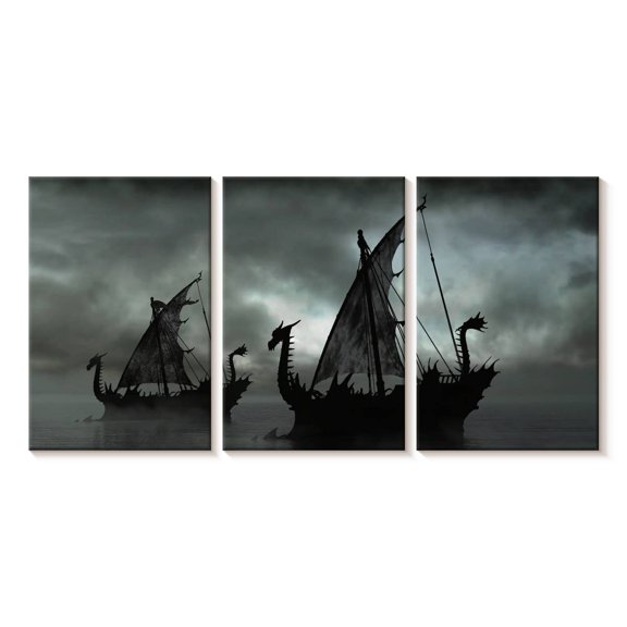 Elephant Stock Overcast Dragon Ships Wall Art - Horizontal Multi Panel Canvas - Living Room Wall Decor - Transportation Multi Panel - Gray And Black Decor - 26" x 12"