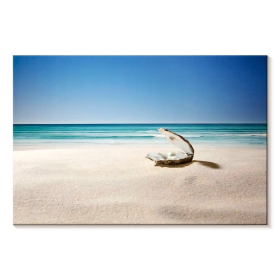 Elephant Stock Oyster Pearl On Sandy Beach Wall Art - Horizontal Canvas Wall Art - Hallway Wall Decor - Beach Canvas - Beige And Blue Decor - 12" x 8"