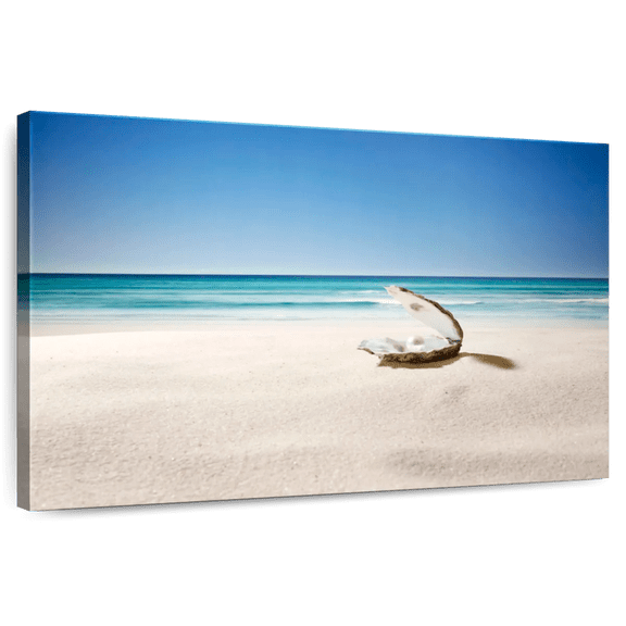 Elephant Stock Oyster Pearl On Sandy Beach Wall Art - Horizontal Canvas Wall Art - Hallway Wall Decor - Beach Canvas - Beige And Blue Decor - 12" x 8"