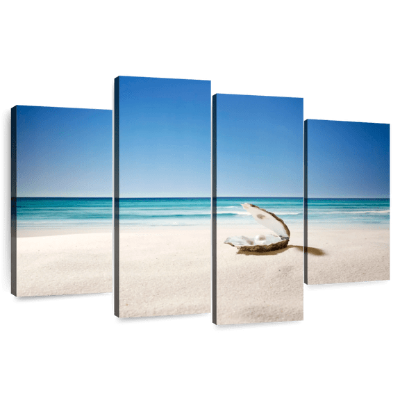 Elephant Stock Oyster Pearl On Sandy Beach Wall Art - Horizontal Multi Panel Canvas - Living Room Wall Decor - Beach Multi Panel - Beige And Blue Decor - 36" x 22"