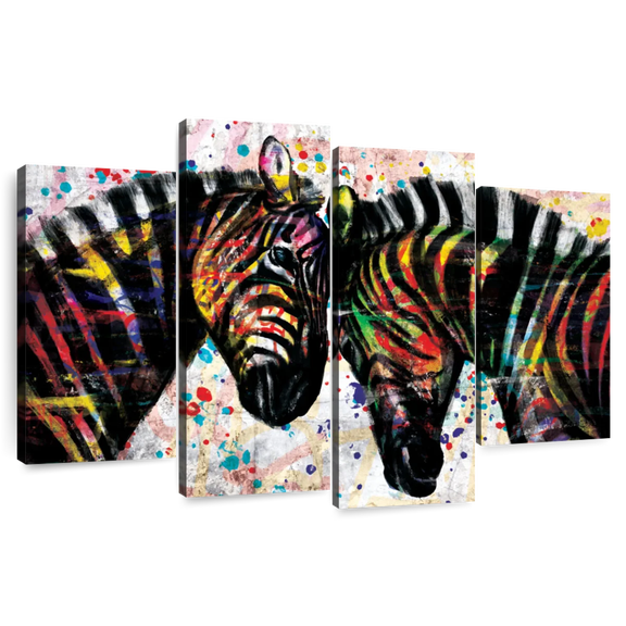 Elephant Stock Paint Splash Zebras Wall Art - Horizontal Multi Panel Canvas - Living Room Wall Decor - Animal Multi Panel - Black And Red Decor - 75" x 48"
