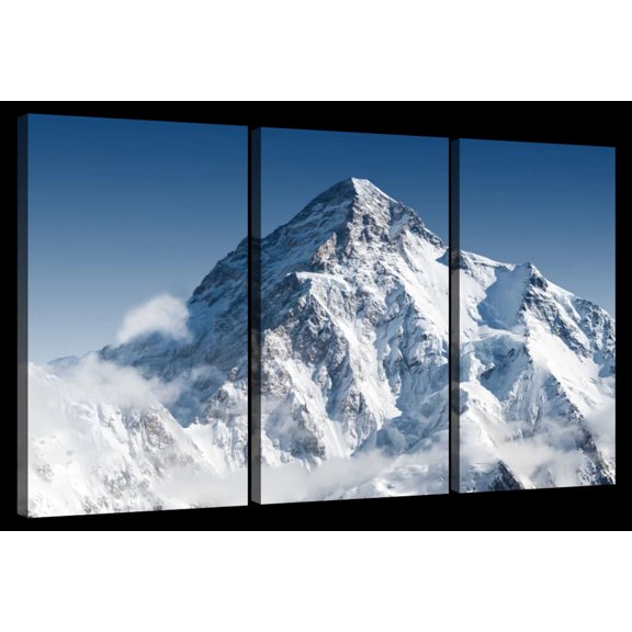 Elephant Stock Pakistan's K2 Mountain Wall Art - Horizontal Multi Panel Canvas - 3 Pieceliving Room Wall Decor - Photography Nature Multi Panel - Gray And Blue Decor - 50" x 32"