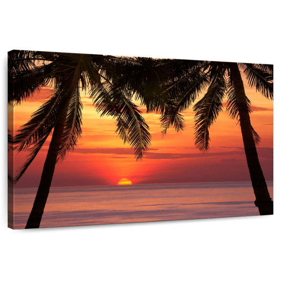 Elephant Stock Palm Tree Beach Sunset Wall Art - Horizontal Canvas Wall Art - Living Room Wall Decor - Beach Canvas - Black And Brown Decor - 12" x 8"