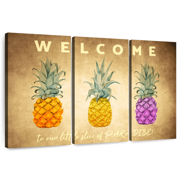 Elephant Stock Paradise Pineapple Wall Sign Wall Art - Horizontal Multi Panel Canvas - Living Room Wall Decor - Wall Signs Multi Panel - Brown And Pink Decor - 74" x 48"