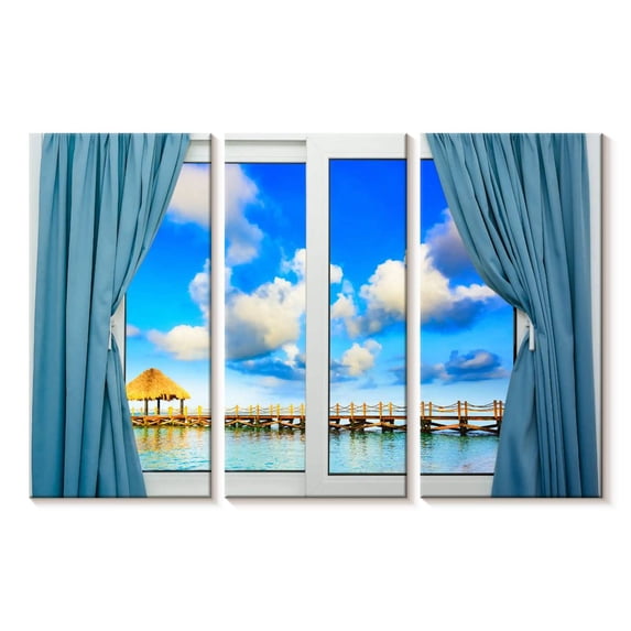 Elephant Stock Paradise Through The Window Wall Art - Horizontal Multi Panel Canvas - Living Room Wall Decor - Architecture Multi Panel - Blue And Yellow Decor - 23" x 14"