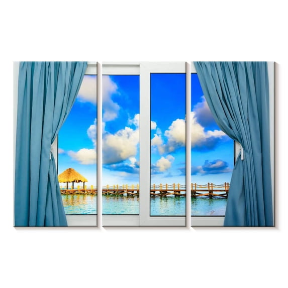Elephant Stock Paradise Through The Window Wall Art - Horizontal Multi Panel Canvas - Living Room Wall Decor - Architecture Multi Panel - Blue And Yellow Decor - 57" x 36"