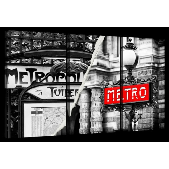 Elephant Stock Paris Metro Ii Wall Art - Horizontal Multi Panel Canvas - 3 Pieceliving Room Wall Decor - Photography City Multi Panel - Black And Graydecor By Philippe Hugonnard - 57" x 36"