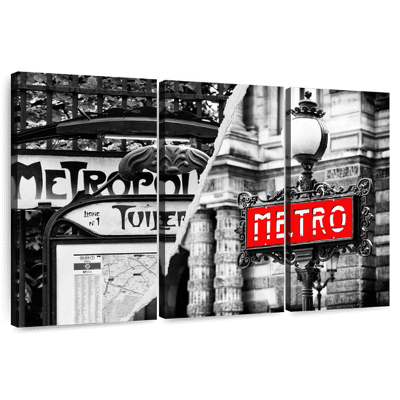 Elephant Stock Paris Metro Ii Wall Art - Horizontal Multi Panel Canvas - 3 Pieceliving Room Wall Decor - Photography City Multi Panel - Black And Graydecor By Philippe Hugonnard - 57" x 36"