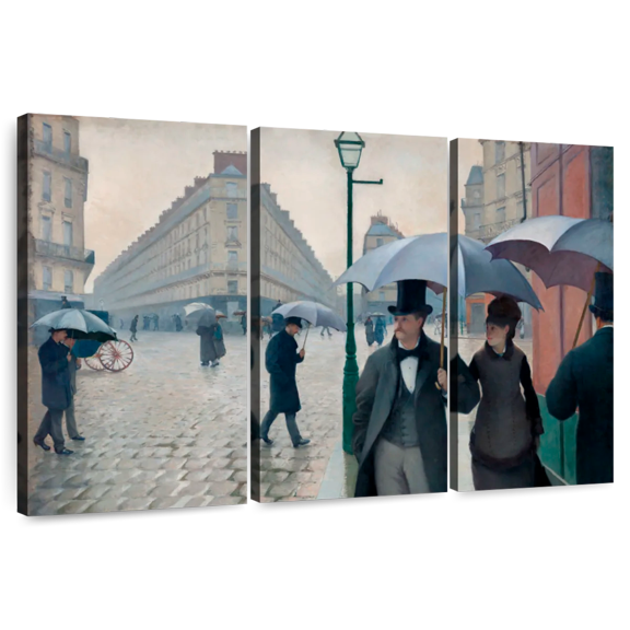 Elephant Stock Paris Street Rainy Day 1877 Wall Art - Horizontal Multi Panel Canvas - Living Room Wall Decor - Places Multi Panel - Gray And Blue Decor By Gustave Caillebotte - 33" x 20"