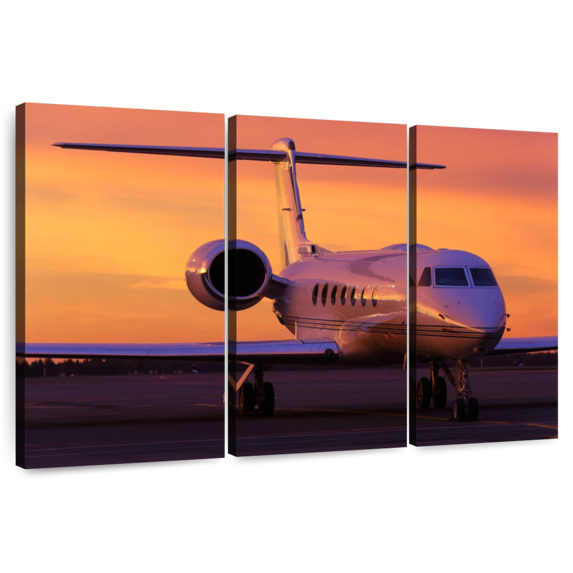 Elephant Stock Parked Business Plane Wall Art - Horizontal Multi Panel Canvas - Living Room Wall Decor - Transportation Multi Panel - Purple And Orange Decor - 50" x 32"