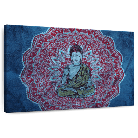 Elephant Stock Peaceful Buddha Wall Art - Horizontal Canvas Wall Art - Living Room Wall Decor - Religion And Spirituality Canvas - Turquoise And Red Decor - 51" x 34"