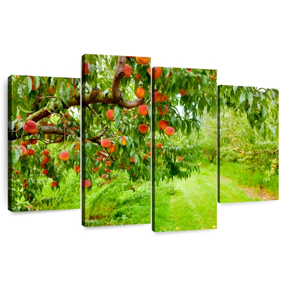 Elephant Stock Peach Orchard Wall Art - Horizontal Multi Panel Canvas - Living Room Wall Decor - Floral And Botanical Multi Panel - Green And Brown Decor - 84" x 54"