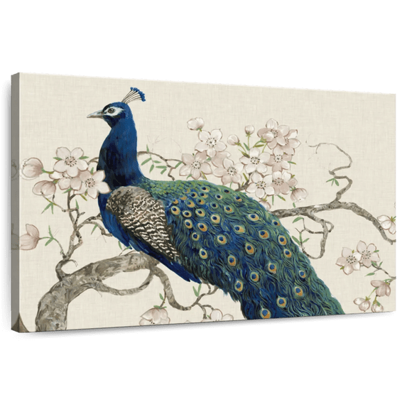 Elephant Stock Peacock And Blossoms Ii Wall Art - Horizontal Canvas Wall Art - Living Room Wall Decor - Animal Canvas - Blue And Green Decor By Tim O'toole - 48" x 32"