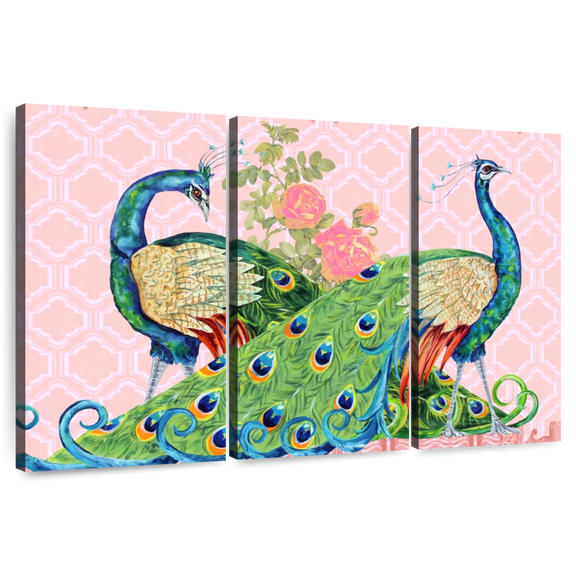 Elephant Stock Peacock Parade Wall Art - Horizontal Multi Panel Canvas - Living Room Wall Decor - Animal Multi Panel - Pink And Green Decor By Jean Plout - 65" x 42"