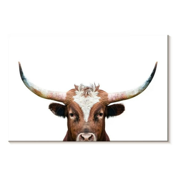 Elephant Stock Peeking Long Horn Wall Art - Horizontal Canvas Wall Art - Living Room Wall Decor - Animal Canvas - White And Brown Decor By Sisi And Seb - 30" x 20"