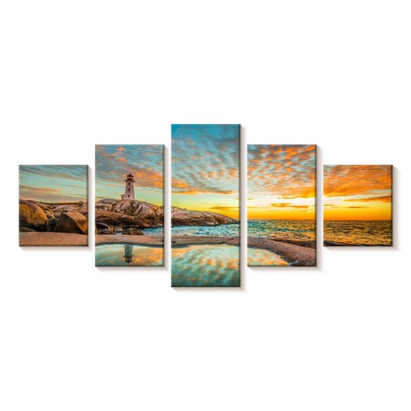 Elephant Stock Peggy's Cove Lighthouse Sunset Wall Art - Horizontal Multi Panel Canvas - Living Room Wall Decor - Nautical Multi Panel - Gray And Teal Decor - 55" x 24"