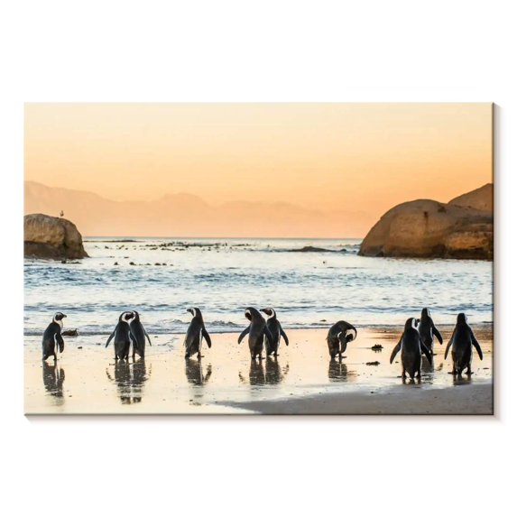 Elephant Stock Penguins On The Shore Wall Art - Horizontal Canvas Wall Art - Living Room Wall Decor - Animal Canvas - Beige And Orange Decor - 39" x 26"