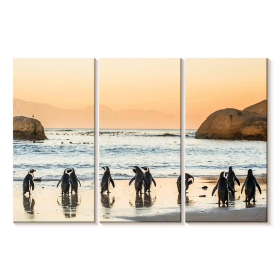 Elephant Stock Penguins On The Shore Wall Art - Horizontal Multi Panel Canvas - Dining Room Wall Decor - Animal Multi Panel - Beige And Orange Decor - 65" x 42"