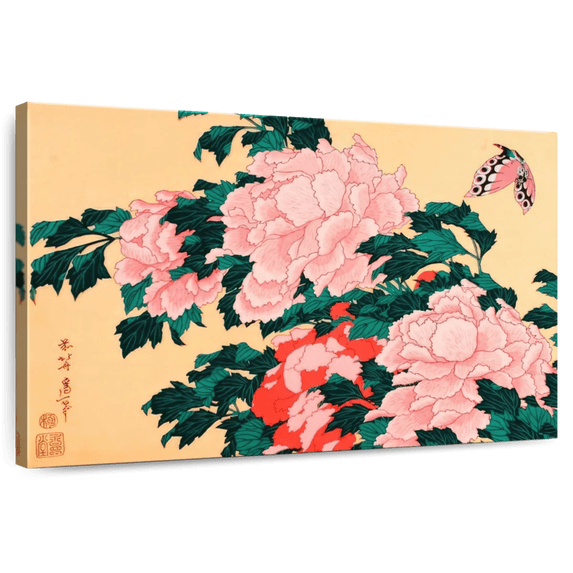 Elephant Stock Peonies And Blossom Wall Art - Horizontal Canvas Wall Art - Living Room Wall Decor - Floral And Botanical Canvas - Orange And Pink Decor By Katsushika Hokusai - 12" x 8"