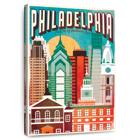 Elephant Stock Philadelphia Brotherly Love Wall Art - Vertical Canvas Wall Art - Living Room Wall Decor - City Canvas - Brown And Teal Decor - 8" x 12"