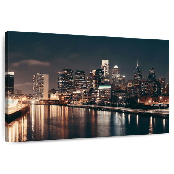 Elephant Stock Philadelphia Night Skyline Wall Art - Horizontal Canvas Wall Art - Living Room Wall Decor - Places Canvas - Orange And Beige Decor - 48" x 32"