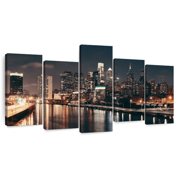 Elephant Stock Philadelphia Night Skyline Wall Art - Horizontal Multi Panel Canvas - Living Room Wall Decor - Places Multi Panel - Orange And Beige Decor - 94" x 48"