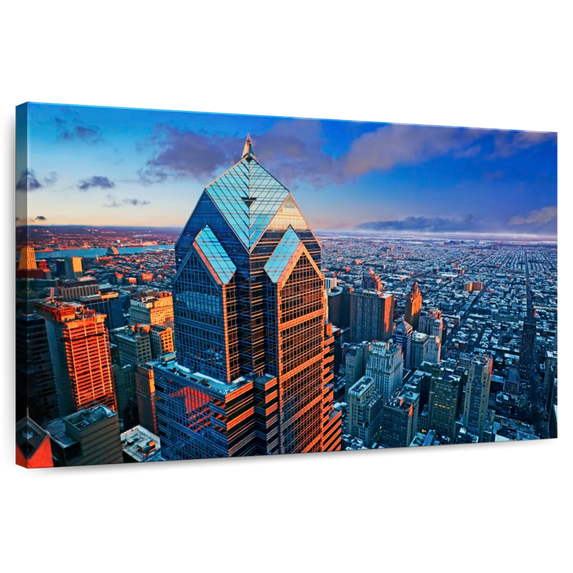 Elephant Stock Philadelphia Tower And Skyline Wall Art - Horizontal Canvas Wall Art - Living Room Wall Decor - Places Canvas - Blue And Brown Decor - 36" x 24"