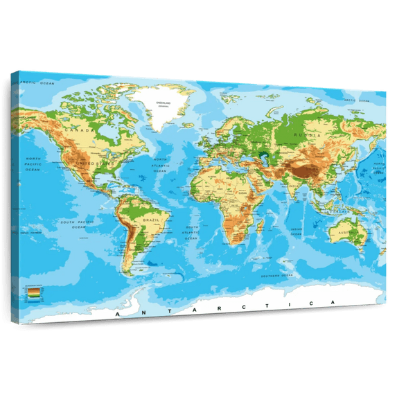 Elephant Stock Physical World Map Wall Art - Horizontal Canvas Wall Art - Living Room Wall Decor - Map Canvas - Blue And White Decor - 12" x 8"