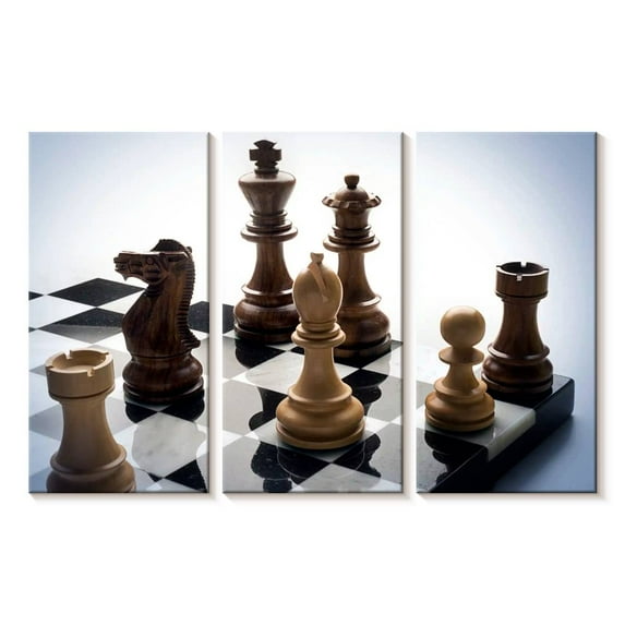 Elephant Stock Pieces On The Chess Board Wall Art - Horizontal Multi Panel Canvas - Living Room Wall Decor - Hobbies And Lifestyle Multi Panel - Gray And Blue Decor - 23" x 14"