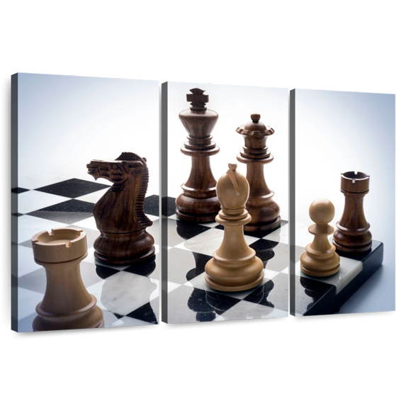 Elephant Stock Pieces On The Chess Board Wall Art - Horizontal Multi Panel Canvas - Living Room Wall Decor - Hobbies And Lifestyle Multi Panel - Gray And Blue Decor - 45" x 28"