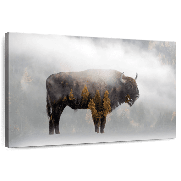 Elephant Stock Pine Forest Bison Wall Art - Horizontal Canvas Wall Art - Living Room Wall Decor - Animal Canvas - Gray And White Decor - 12" x 8"
