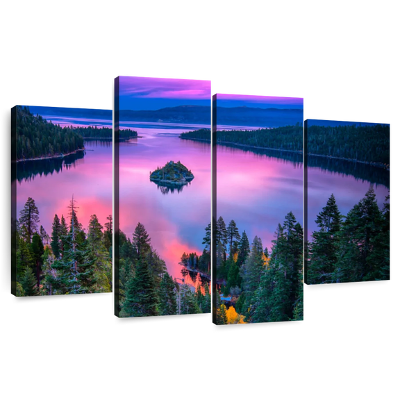 Elephant Stock Pink Lake Tahoe Wall Art - Horizontal Multi Panel Canvas - Living Room Wall Decor - Nature Multi Panel - Black And Pink Decor - 84" x 54"