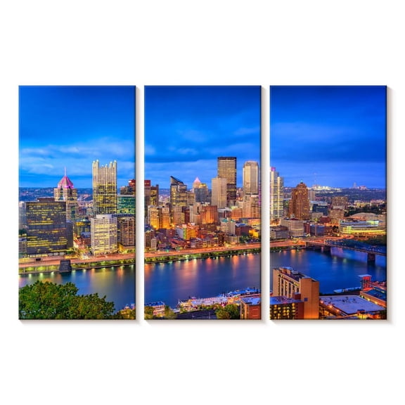 Elephant Stock Pittsburgh Blue Hour Wall Art - Horizontal Multi Panel Canvas - Living Room Wall Decor - City Multi Panel - Blue And Orange Decor - 23" x 14"