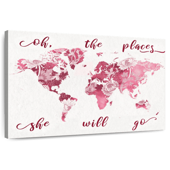 Elephant Stock Places She Will Go World Map Wall Art - Horizontal Canvas Wall Art - Living Room Wall Decor - Hobbies And Lifestyle Canvas - Pink And White Decor - 12" x 8"