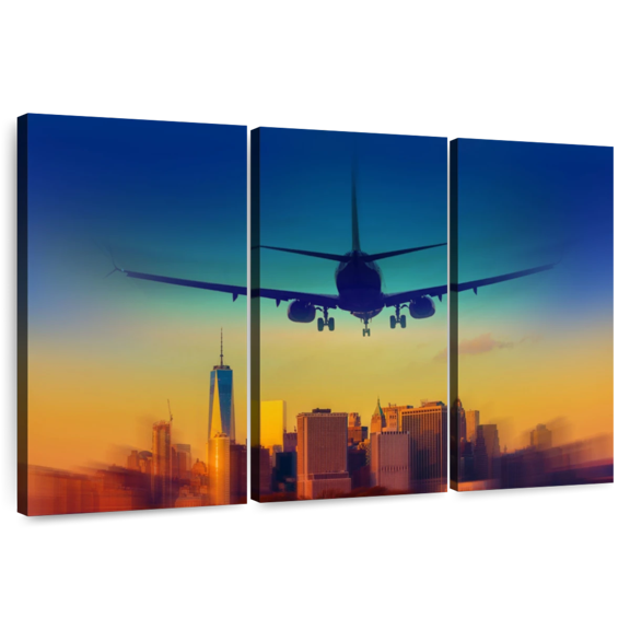 Elephant Stock Plane To New York Wall Art - Horizontal Multi Panel Canvas - Living Room Wall Decor - Transportation Multi Panel - Brown And Blue Decor - 45" x 28"