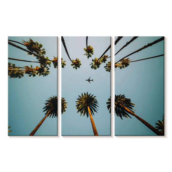 Elephant Stock Plane Below Palm Trees Wall Art - Horizontal Multi Panel Canvas - Living Room Wall Decor - Floral And Botanical Multi Panel - Blue And Green Decor - 23" x 14"