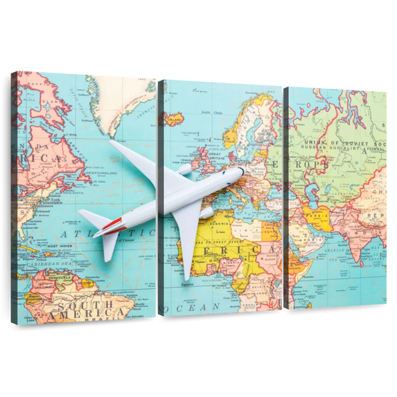 Elephant Stock Plane World Travel Wall Art - Horizontal Multi Panel Canvas - Home Office Wall Decor - Hobbies And Lifestyle Multi Panel - Blue And Pink Decor - 45" x 28"