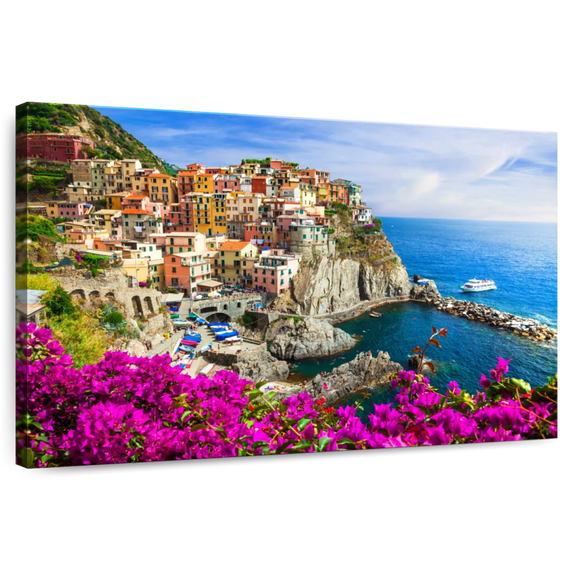 Elephant Stock Pleasant Manarola Village Wall Art - Horizontal Canvas Wall Art - Living Room Wall Decor - Nature Canvas - Pink And Blue Decor - 51" x 34"