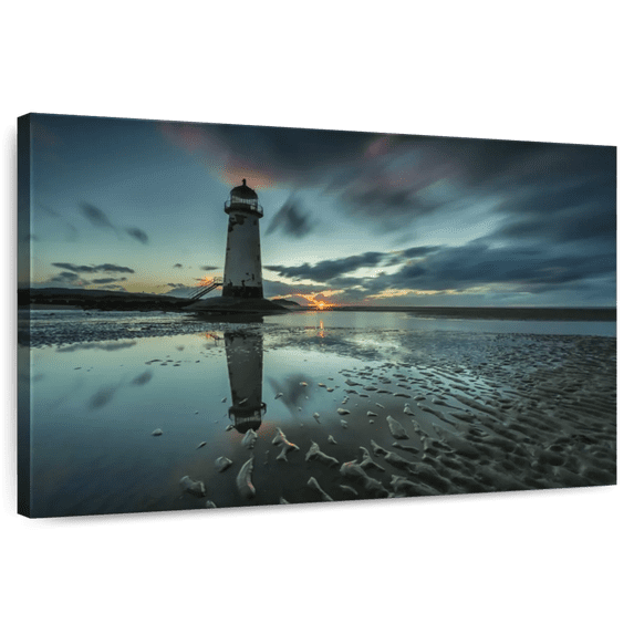 Elephant Stock Point Of Ayr Lighthouse Wall Art - Horizontal Canvas Wall Art - Living Room Wall Decor - Nautical Canvas - Gray And Blue Decor - 12" x 8"