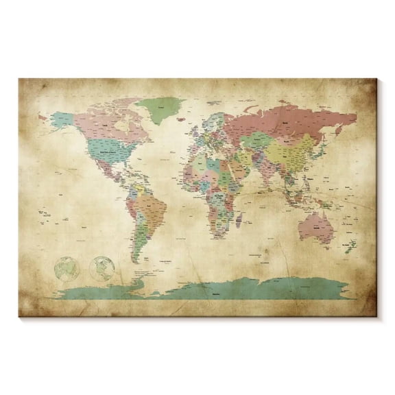 Elephant Stock Political Map Of The World Old Style Wall Art - Horizontal Canvas Wall Art - Living Room Wall Decor - Map Canvas - Pink And Green Decor By Michael Tompsett - 12" x 8"