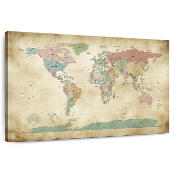Elephant Stock Political Map Of The World Old Style Wall Art - Horizontal Canvas Wall Art - Living Room Wall Decor - Map Canvas - Pink And Green Decor By Michael Tompsett - 30" x 20"