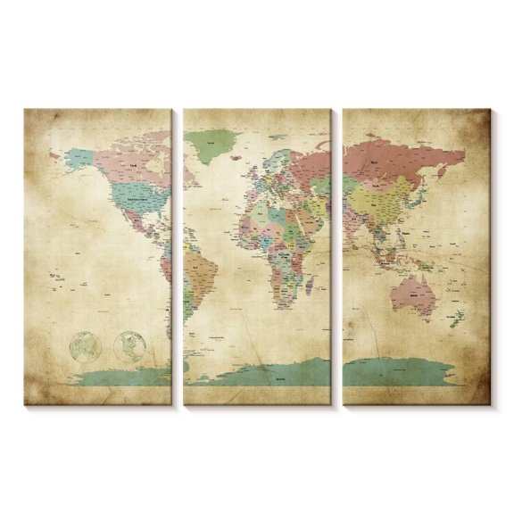 Elephant Stock Political Map Of The World Old Style Wall Art - Horizontal Multi Panel Canvas - Living Room Wall Decor - Map Multi Panel - Pink And Green Decor By Michael Tompsett - 23" x 14"