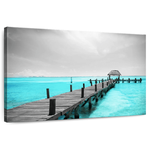 Elephant Stock Pop Isla Mujeres Dock Wall Art - Horizontal Canvas Wall Art - Living Room Wall Decor - Nautical Canvas - Gray And Turquoise Decor - 36" x 24"