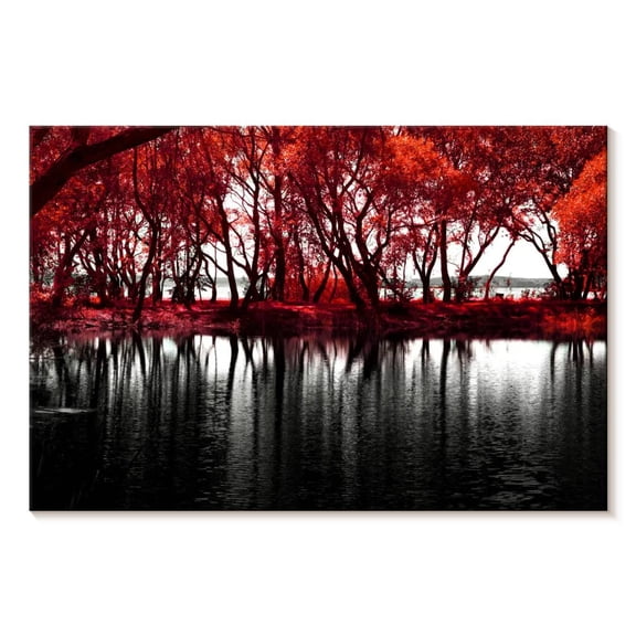 Elephant Stock Pop Lakeside Red Trees Wall Art - Horizontal Canvas Wall Art - Living Room Wall Decor - Gothic Canvas - Red And Beige Decor - 12" x 8"