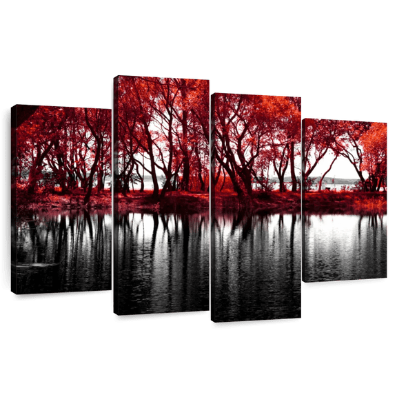 Elephant Stock Pop Lakeside Red Trees Wall Art - Horizontal Multi Panel Canvas - Living Room Wall Decor - Gothic Multi Panel - Red And Beige Decor - 36" x 22"