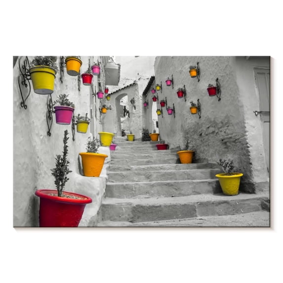 Elephant Stock Pop Moroccan Staircase Wall Art - Horizontal Canvas Wall Art - Living Room Wall Decor - Places Canvas - Gray And Red Decor - 36" x 24"