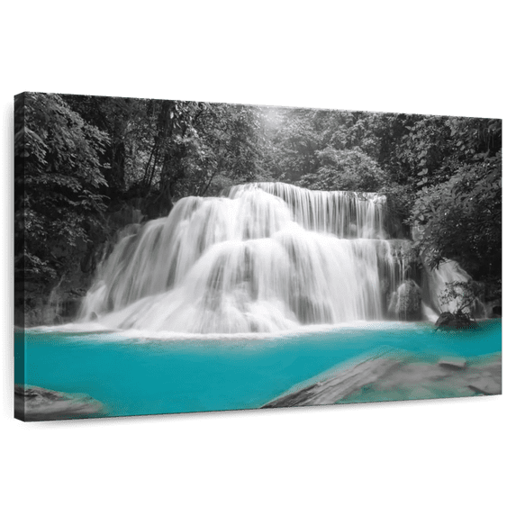 Elephant Stock Pop Rainforest Waterfall Wall Art - Horizontal Canvas Wall Art - Living Room Wall Decor - Nature Canvas - Teal And Black Decor - 45" x 30"