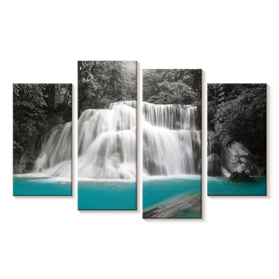 Elephant Stock Pop Rainforest Waterfall Wall Art - Horizontal Multi Panel Canvas - Living Room Wall Decor - Nature Multi Panel - Teal And Black Decor - 24" x 14"
