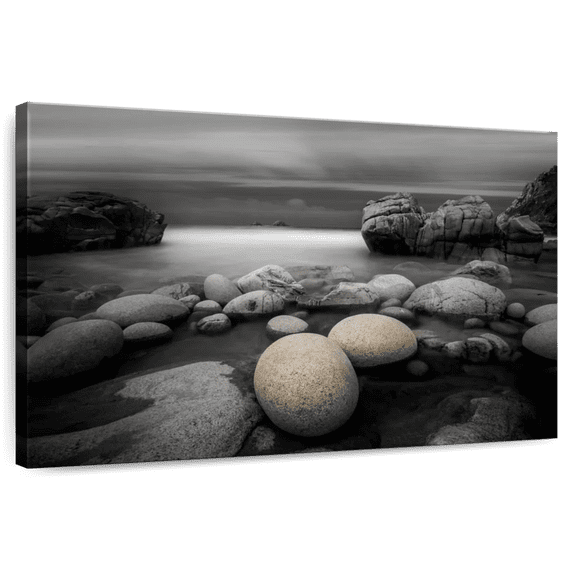 Elephant Stock Pop Rocky Beach Wall Art - Horizontal Canvas Wall Art - Living Room Wall Decor - Beach Canvas - Beige And Black Decor - 48" x 32"