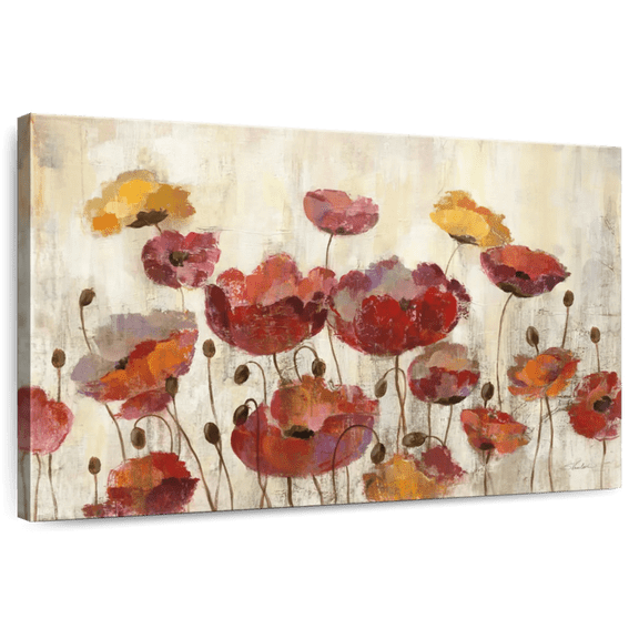 Elephant Stock Poppies In The Rain Wall Art - Horizontal Canvas Wall Art - Living Room Wall Decor - Floral And Botanical Canvas - Gray And Red Decor By Silvia Vassileva - 12" x 8"
